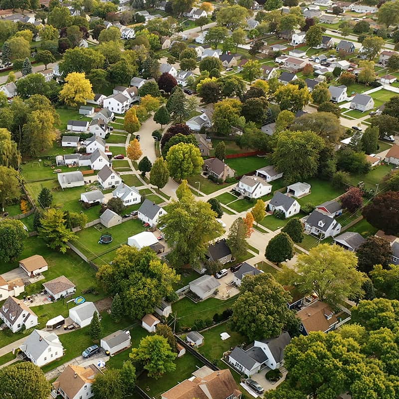 overhead drone view of neighborhood